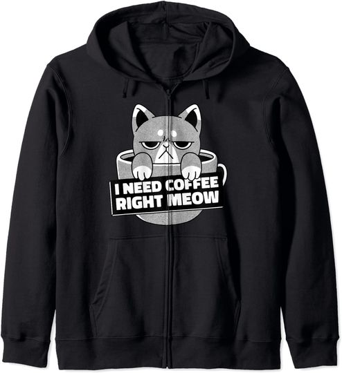 Discover Hoodie Sweater Com Capuz Fecho-Éclair  Gato Meme Necesito Café Derecho Maullido