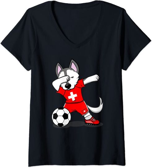 Discover T-shirt para Mulher Decote em V Engraçada Cão Jogador de Futebol Suíço