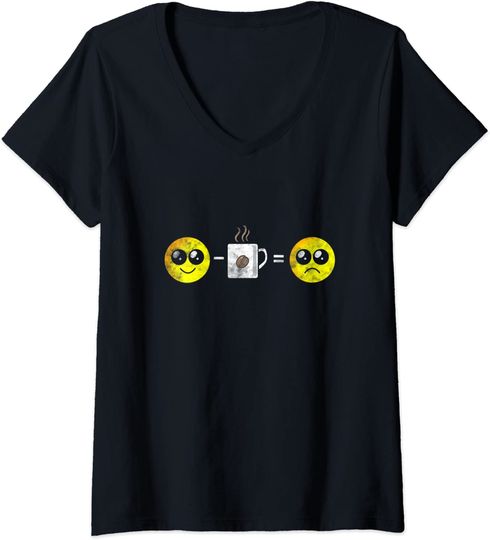 Discover T-shirt de Mulher Decote em V Subtração Café E Emoji Triste