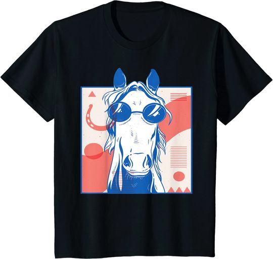 Discover T-shirt Unissexo Cavalo Desenho com Óculos de Sol