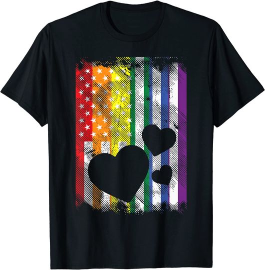 Discover T-Shirt Camiseta Mangas Curtas Bandeira Gay US American Flag Hearts LGBTQ