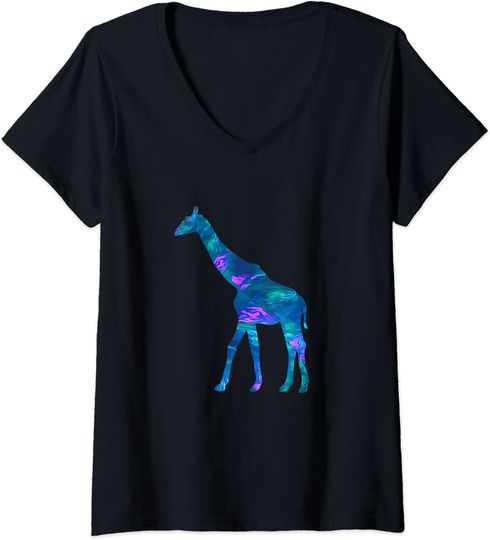 Discover T-shirt Feminia Decote em V Girafa Azul Ciano