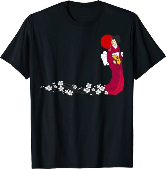 Discover Geisha Japonesa Flor De Cerejeira Bandeira Do Japão Círculo Vermelho T-Shirt