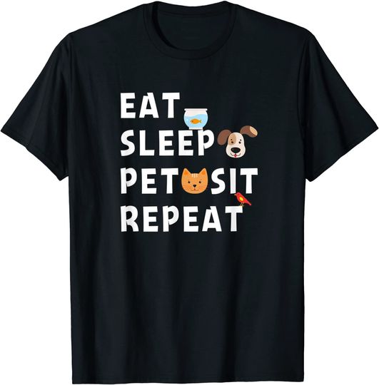 Discover T-Shirt Camiseta Manga Curta Pet Sitting Comer Dormir Pet Sit Repetir