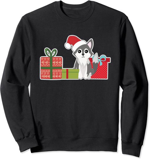 Discover Suéter Sweatshirt Pet Sitting Cute Christmas Husky with Santa Hat