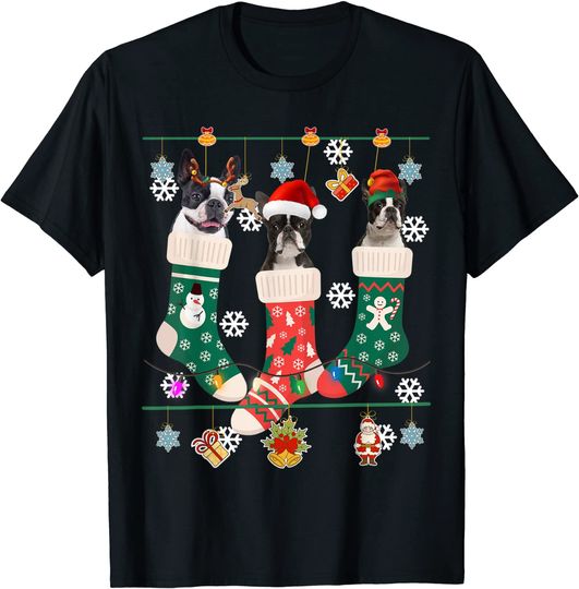 Discover T-shirt Unissexo Natal Boston Terrier em Meias de Natal Rena Papai de Natal