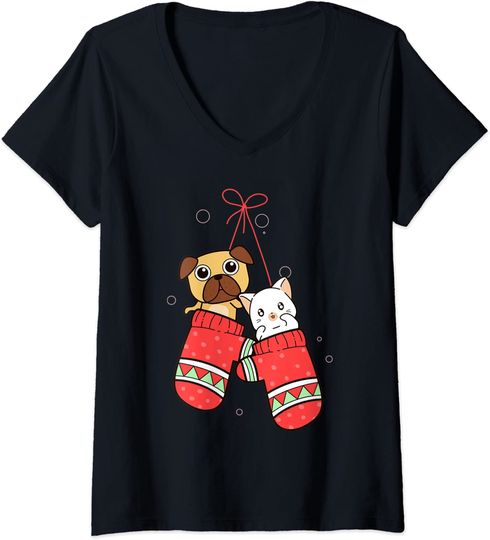 Discover T-shirt de Mulher Decote em V Cão e Gato em Meias de Natal