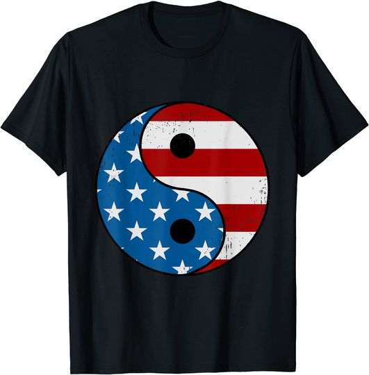 Discover T-shirt Unissexo Vintage Bandeira dos Estados Unidos Yin Yang