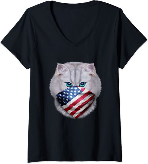 Discover T-shirt Feminina Decote em V Gato Bandeira Vermelho Branco Azul Bandeira dos Estados Unidos