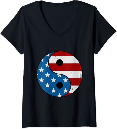 Discover T-shirt de Mulher Decote em V Gato Bandeira Vermelho Branco Azul Bandeira dos Estados Unidos Yin Yang