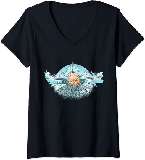 Discover T-shirt de Mulher Decote em V Avião Desenhado À Mão Gato Avião