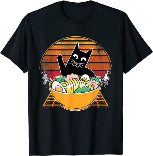 Discover T-Shirt Camiseta Manga Curta Anime Japonesa Ramen Cat Vintage Sunset 70s Kawaii Anime Fideos