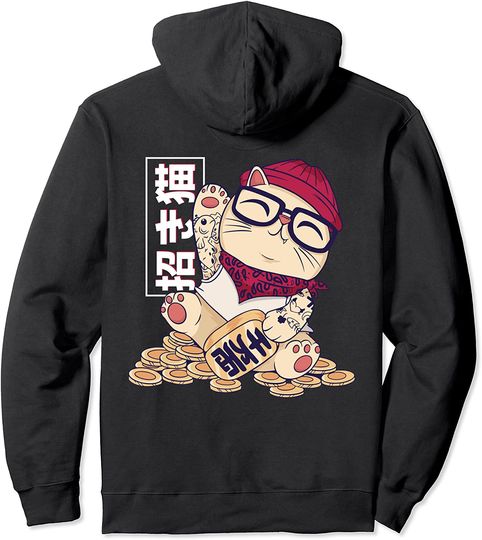 Discover Hoodie Sweater Com Capuz Anime Japonesa Maneki Neko Gato Japonês Sentado Em Moedas