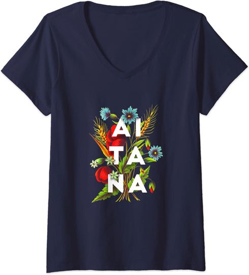 T-shirt de Mulher Decote em V Design Flores com O Nome de Aitana