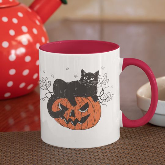 Discover Caneca De Cerâmica Clássica Gato Noir Black Cat on Pumpkin