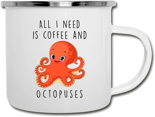 Discover All I Need Is Coffee And Octopuses | Caneca Branca de Esmalte 350ml