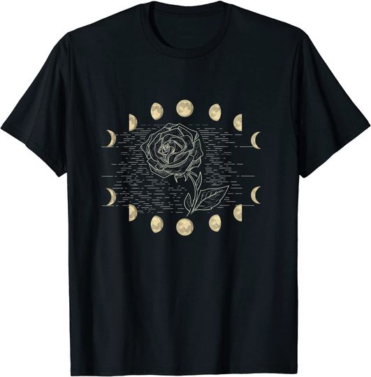 Discover T-Shirt Camiseta Manga Curta Rosas Pretas Rosa Flor Luna Astrología Vintage Oculto Gótico