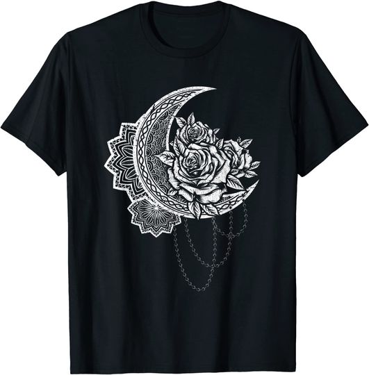 Discover T-Shirt Camiseta Manga Curta Rosas Pretas Astrología Rosa Luna