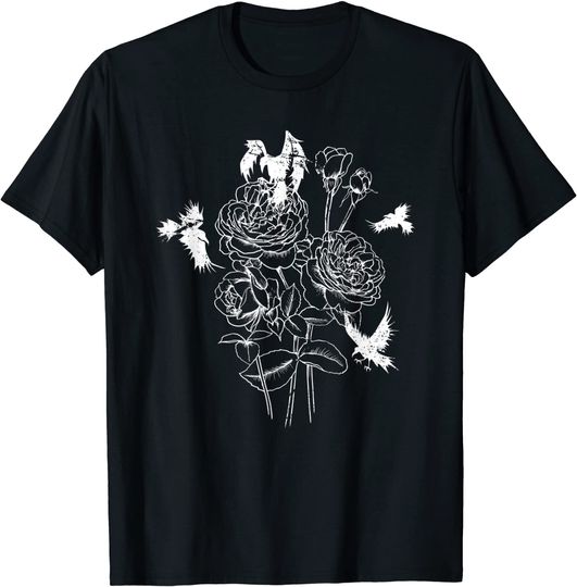 Discover T-Shirt Camiseta Manga Curta Rosas Pretas Vikingos Noche Bosque Cuervo