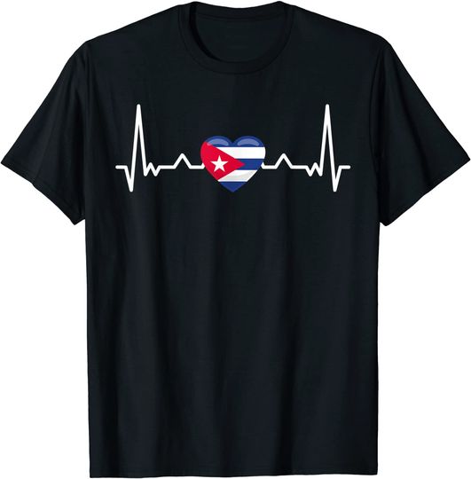 Discover T-shirt Unissexo Design com Batimentos do Coração e Bandeira de Cuba