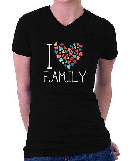 Discover T-shirt de Mulher I Love Family com Coração Colorido Decote em V