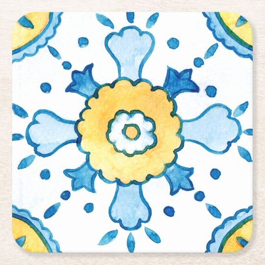 Discover Watercolor Blue and Yellow Moroccan Tile Pattern Square Paper Coaster