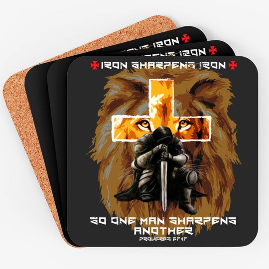Discover Iron Sharpens Iron Christian Saying Lion Judah Cross Graphic Coasters