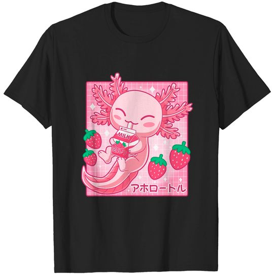 Discover Kawaii Axolotl Strawberry Milk Shake Carton Japanese Anime T-Shirt