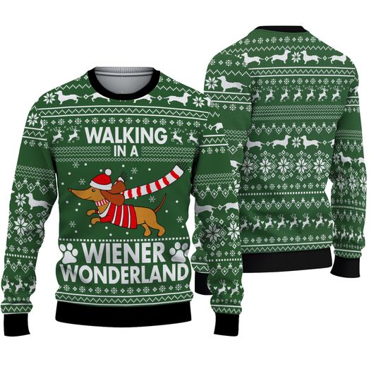Discover Dachshund Walking In A Weiner Wonderland Ugly Christmas Sweater, Dachshund Shirt, Christmas Gift For Dog Lovers