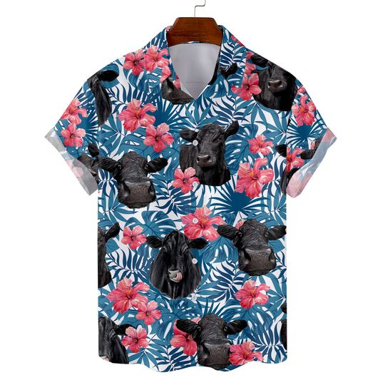 Discover Black Angus Cow Hawaiian Shirts for Men, Tropical Flower Cow American Flag Button Down Short Sleeve