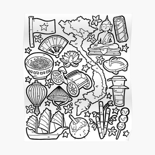 Discover Vietnam Doodles Asia Hanoi Saigon Pho Banh Mi Premium Matte Vertical Poster