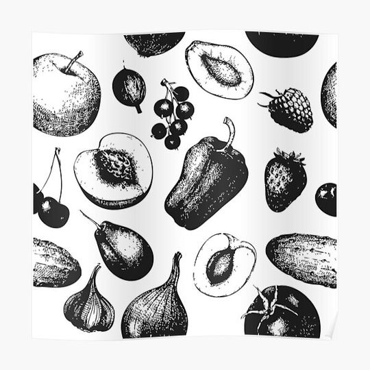 Discover Fruits And Vegetables: Seamless Pattern of Fruits and Vegetables Premium Matte Vertical Poster