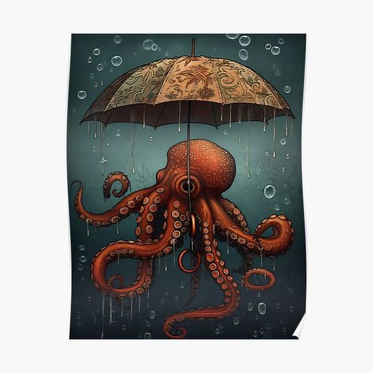 Discover Lovecraftian Octopus holding umbrella underwater Premium Matte Vertical Poster