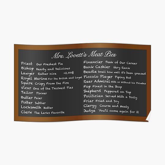 Discover Mrs. Lovett's Meat Pies-Menu Board Premium Matte Vertical Poster