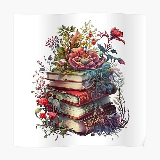 Discover Floral Watercolor Stacked Books Premium Matte Vertical Poster