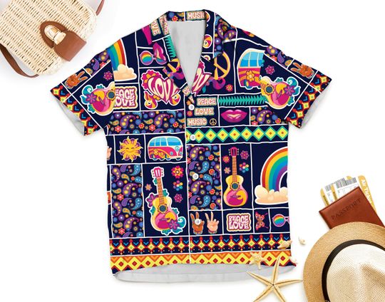 Discover Boho Groovy Hawaiian Shirt, Peace Love Music Hippie Hawaii Shirt