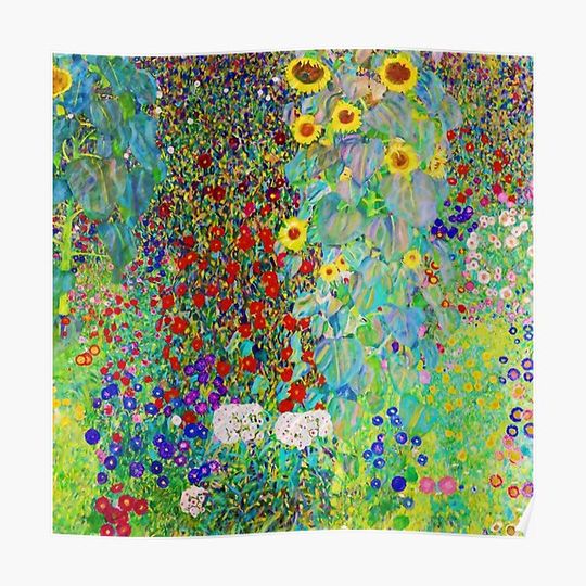 Discover Gustav Klimt - Farm Garden with Sunflowers - Line Watercolor Remake Art Version Premium Matte Vertical Poster