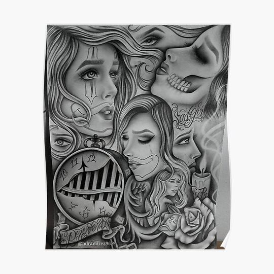 Discover Sad eyes chola clown , Chicano art , black and grey art Premium Matte Vertical Poster