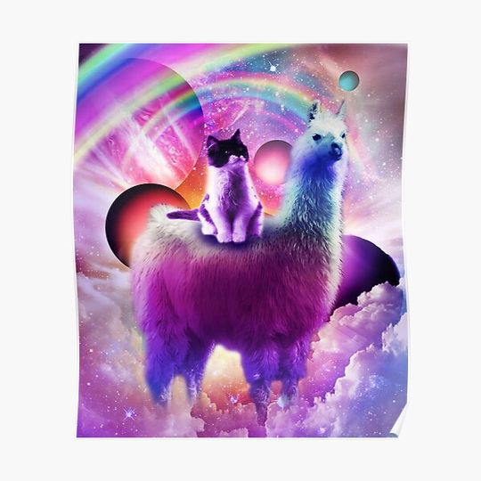 Discover Kitty Cat Riding On Rainbow Llama In Space Premium Matte Vertical Poster