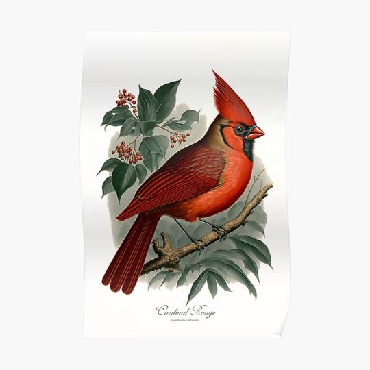 Discover Northern Cardinal Antique Style Print Premium Matte Vertical Poster