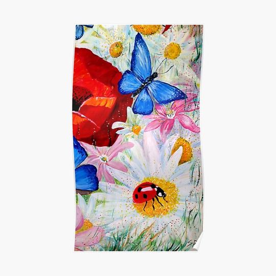 Discover butterfly and ladybird in flowers Premium Matte Vertical Poster