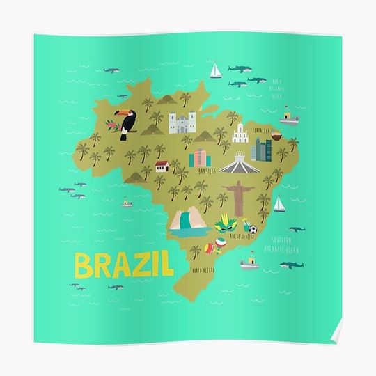 Discover Brazil illustrated map Premium Matte Vertical Poster