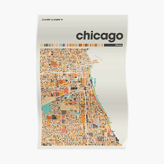 Discover Chicago Colorful Map, City Of Chicago Map Premium Matte Vertical Posters