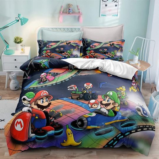 Discover 3PCS Super Bedding Set, Mario Comforter Duvet Cover Set