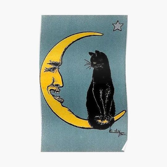 Discover Vintage French Black Cat Moon Premium Matte Vertical Poster