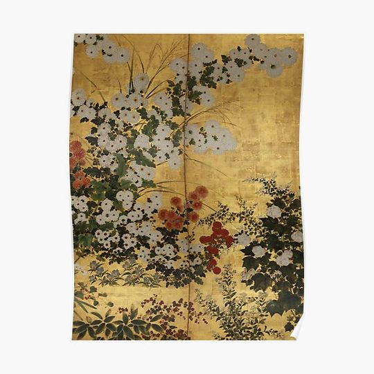 Discover White Red Chrysanthemums Floral Japanese Gold Screen Print Premium Matte Vertical Poster