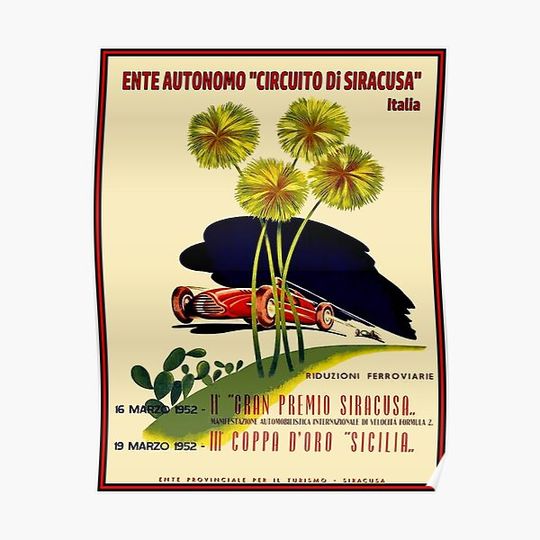 Discover Siracusa: Vintage 1952 Sicily Grand Prix Auto Racing Print Premium Matte Vertical Poster