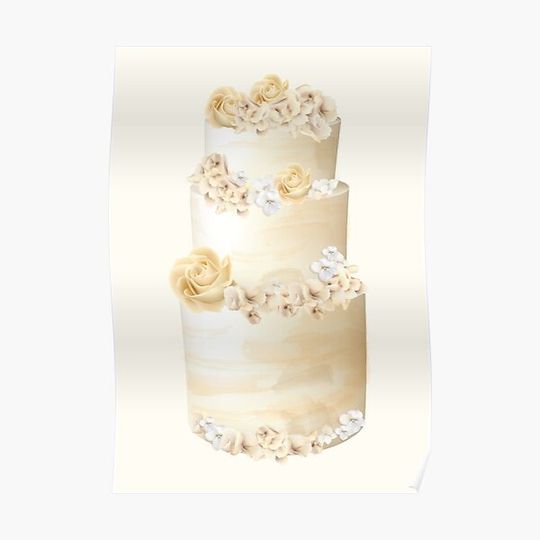Discover Beige White Floral Three Tier Wedding Cake Premium Matte Vertical Poster