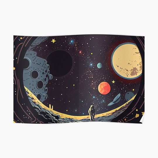 Discover Solar system. Colorful planets, galaxy and universe. Astronaut in space. Space cartoon Premium Matte Vertical Poster