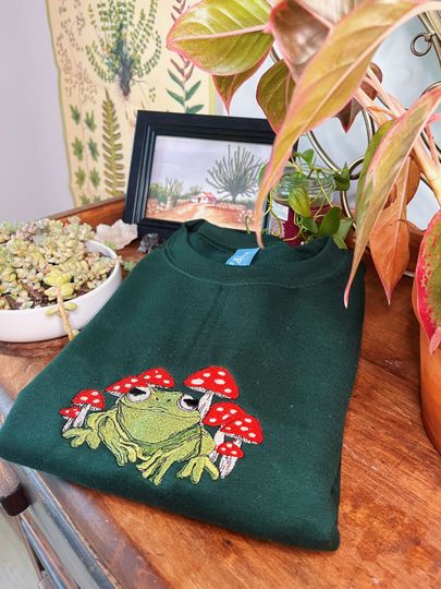 Discover Green Frog Mushroom Crewneck - Embroidered Sweatshirt - Mushroom Hippie Apparel